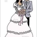 Cartoon bride and groom holding hands.
