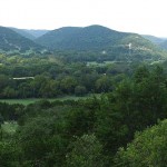 Mountainous landscape with lush green forest.