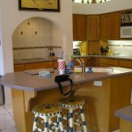 Cozy kitchen with wooden cabinets and a breakfast bar with patterned stools.