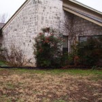 A weathered brick house with some overgrown bushes in front.