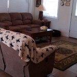 Cozy living room with brown sofas and soft lighting.